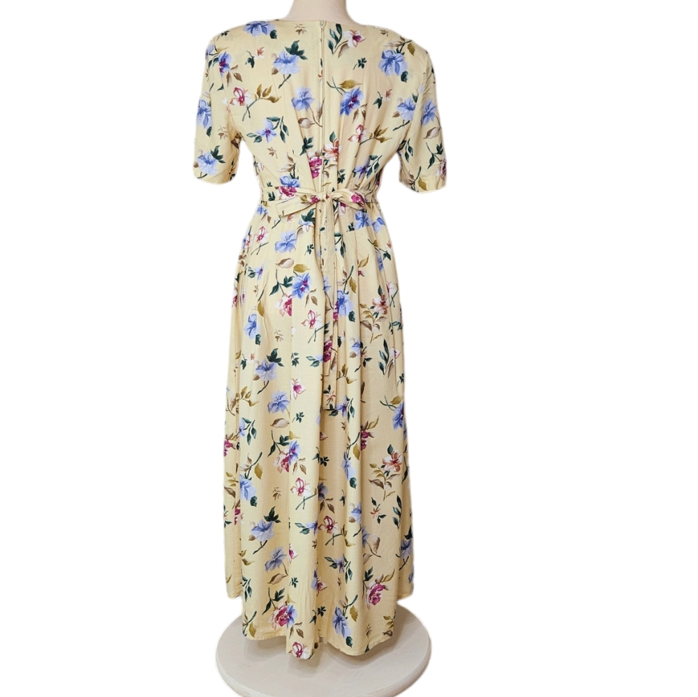 Vintage Prairie Cottagecore Floral Midi Dress Yellow Lace Collar Empire Waist 8 - Picture 3 of 13